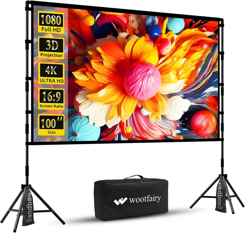 wootfairy Projector Screen with Stand, 100 inch Foldable and Portable Projection Screen 16:9 4K HD Rear Front Wrinkle-Free Movie Screen with Carry Bag for Indoor Outdoor Home Theater Backyard Cinema - Image 1